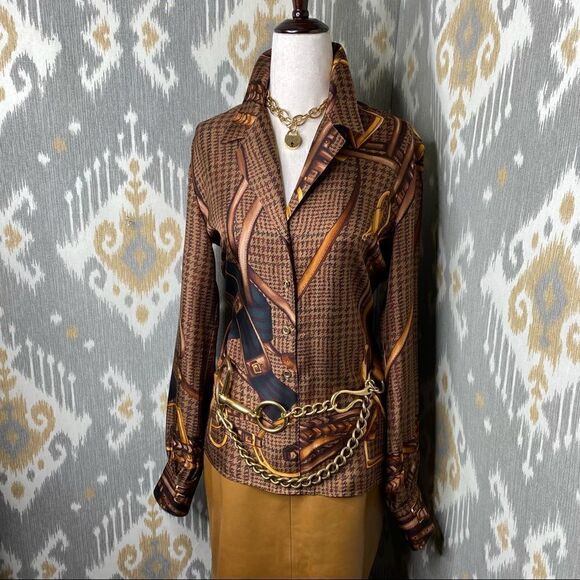 Ralph Lauren Brown Multi Glen Plaid Equestrian Elegance Silk Print Blouse - Picture 2 of 16